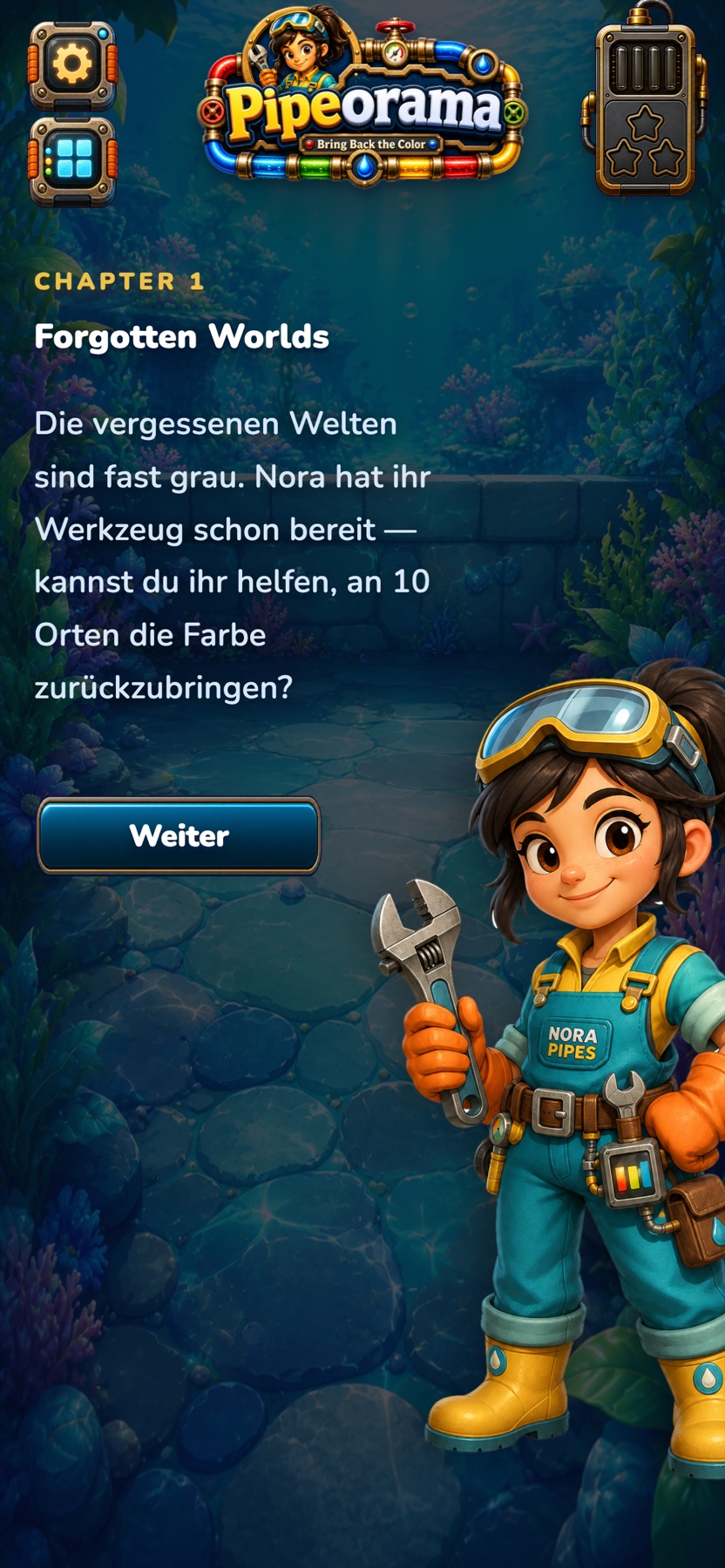 Nora begrüßt dich zu Beginn eines Kapitels in Pipeorama